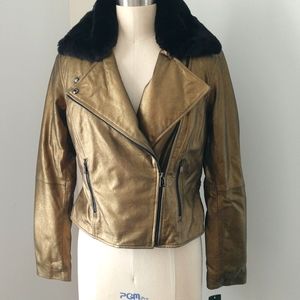NWT Lauren Ralph Lauren Gold Leather Jacket with Black Collar 8